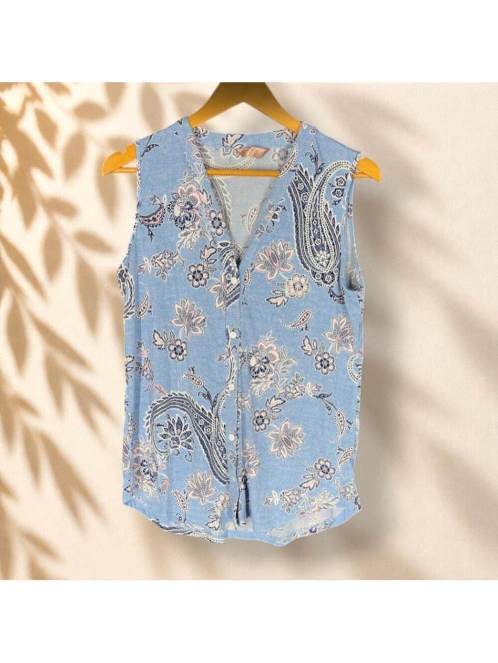 Amana Top Women M Medium Blue Floral Button Up V-Neck Sleeveless Wide Strap